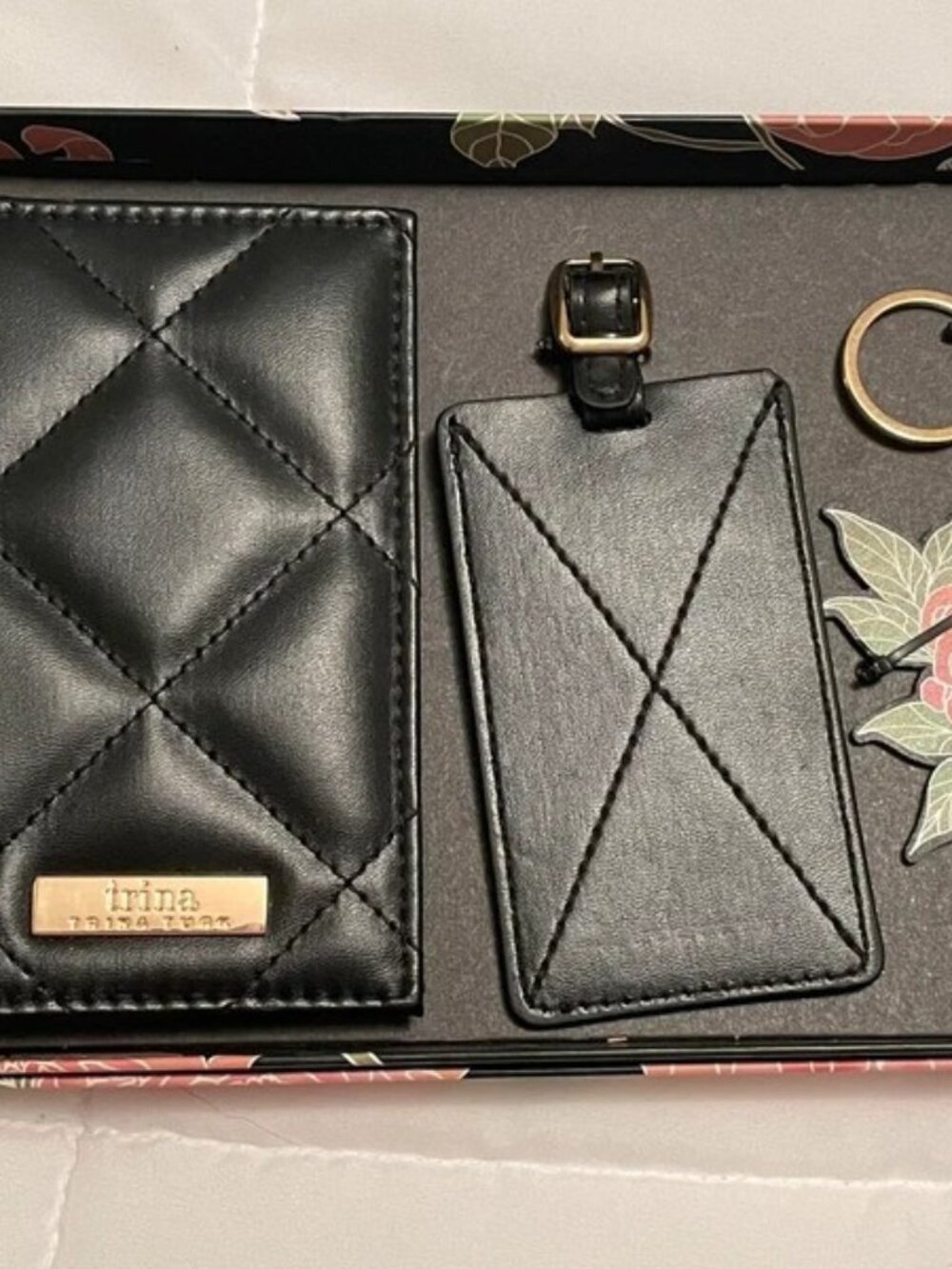 Trina Turk Black Quilted Leather Passport Wallet & Luggage Tag Set